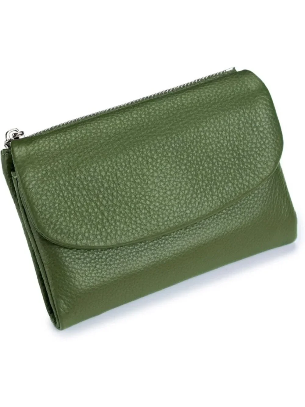Stylish Olive Green Leather Wallet, Multi-Slot Card Holder & Zipper Coin Purse